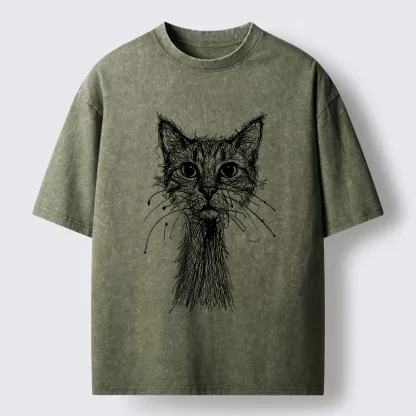 Tokyo-Lion Messy Line Cat Washed T-Shirt-Tokyo-Lion