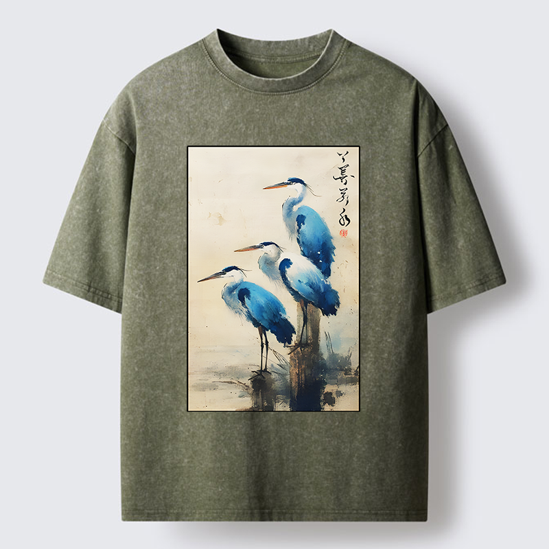 Tokyo-Lion Great Blue Heron Japan Washed T-Shirt-Tokyo-Lion
