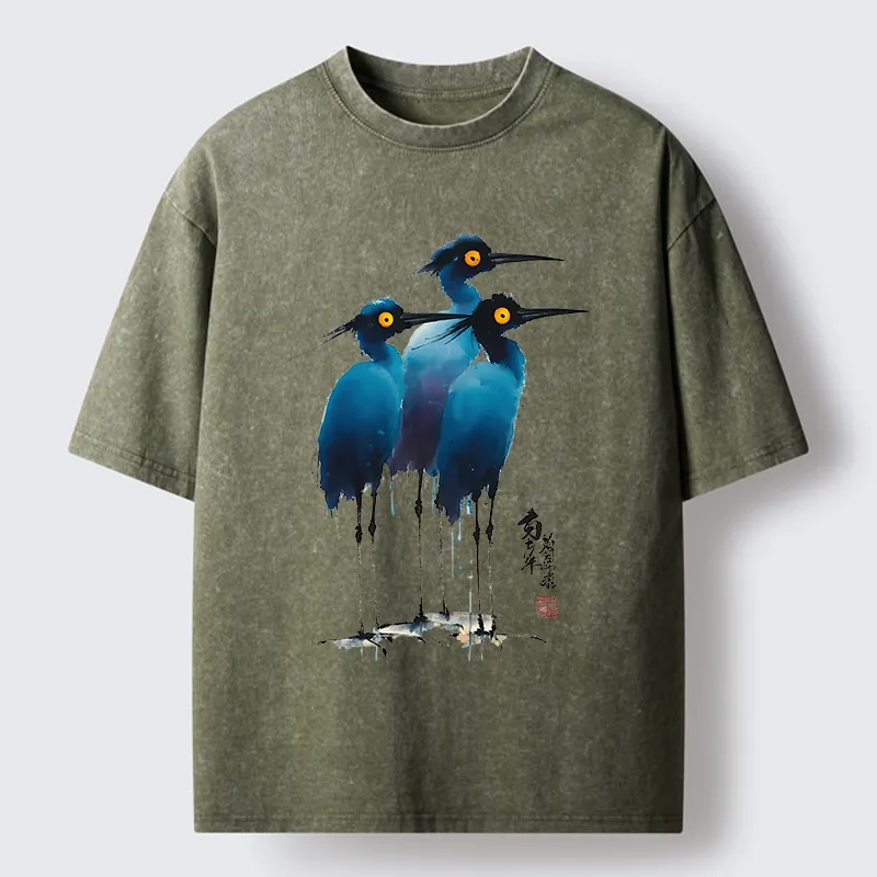 Tokyo-Lion Great Blue Heron Ink Painting Washed T-Shirt