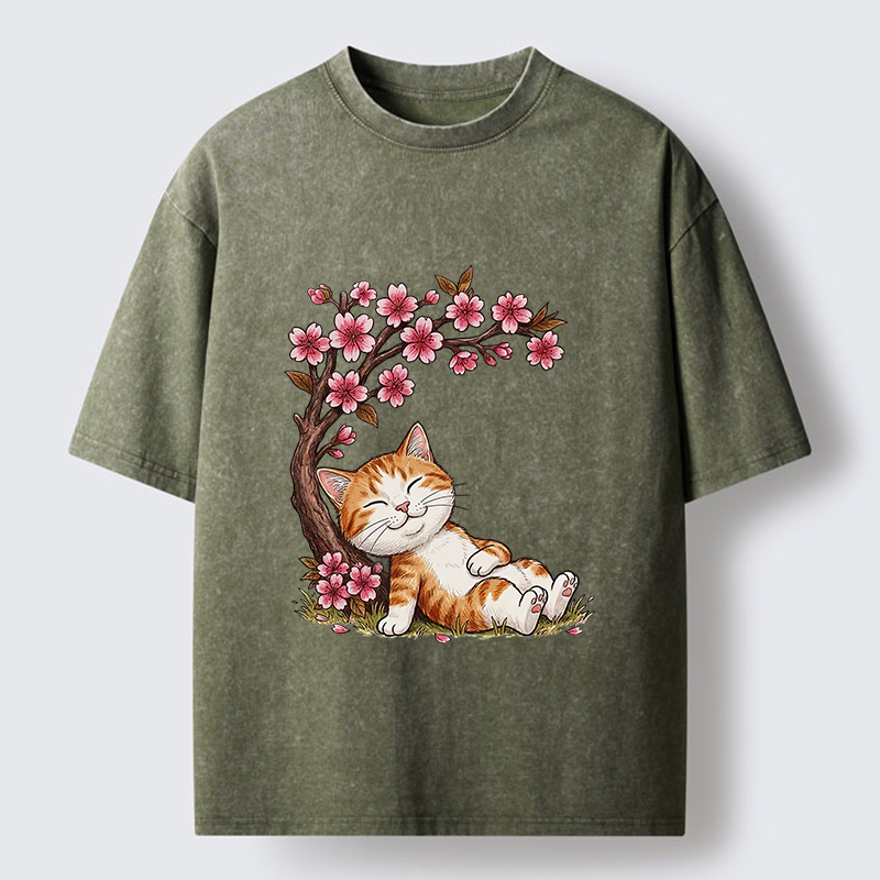 Tokyo-Lion Cat Sleeps Under Sakura Washed T-Shirt