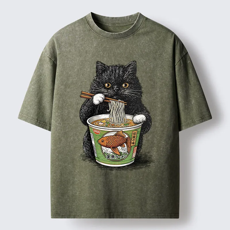 Tokyo-Lion Black Cat Eating Japanese Food Washed T-Shirt
