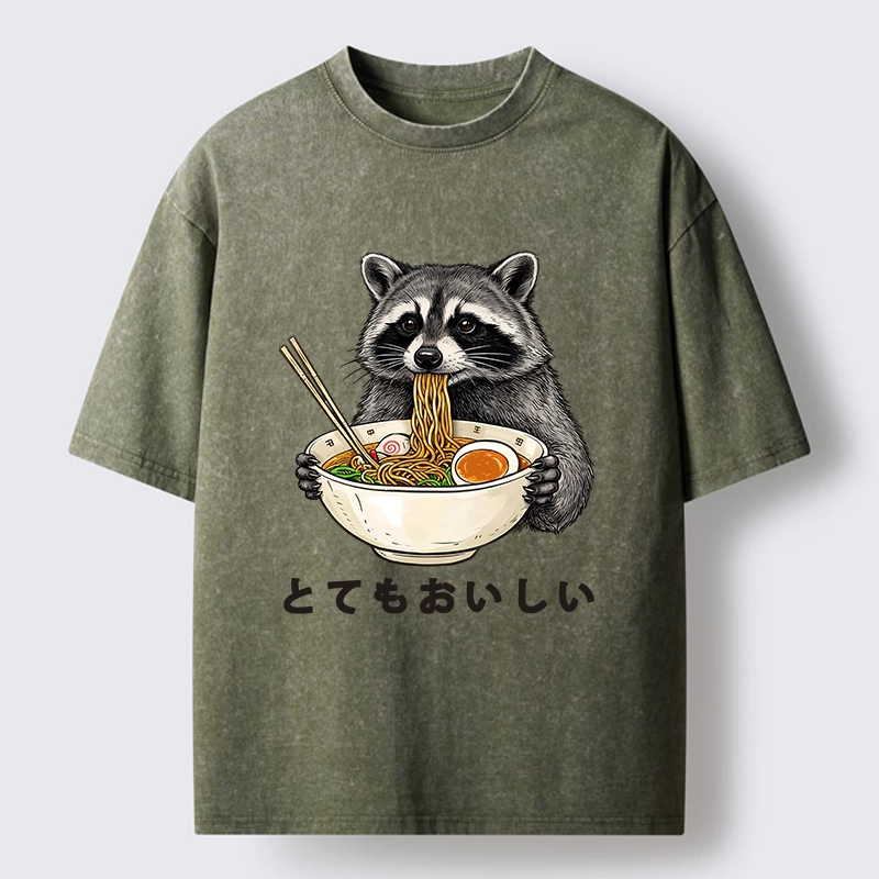 Tokyo-Lion Raccoon Eating A Big Bowl Of Ramen Washed T-Shirt