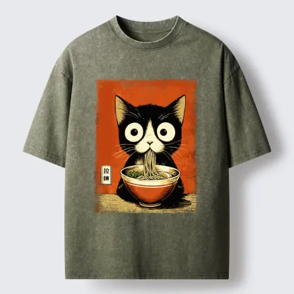 Tokyo-Lion Ramen Loving Black Cat Washed T-Shirt
