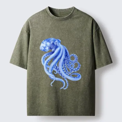 Tokyo-Lion Retro Blue Octopus Washed T-Shirt