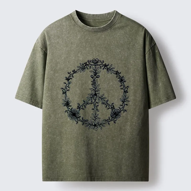 Tokyo-Lion Circle of Flower Peace Sign Washed T-Shirt