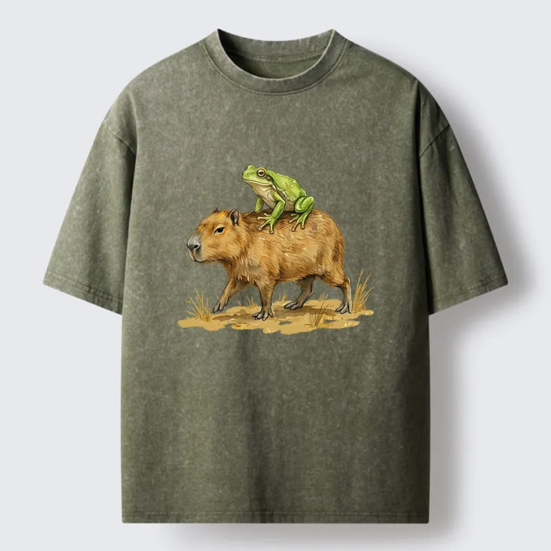 Tokyo-Lion Frog Riding A Capybara Washed T-Shirt