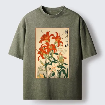 Tokyo-Lion Vibrant Red And White Lilies Washed T-Shirt-Tokyo-Lion