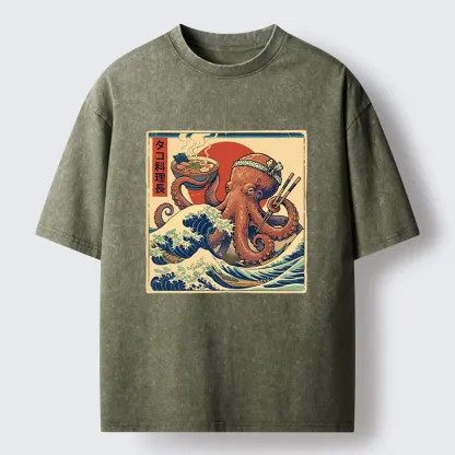 Tokyo-Lion Ukiyo-E Octopus Ramen Master Washed T-Shirt