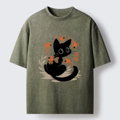 Tokyo-Lion Curious Black Cat Among Fish Washed T-Shirt