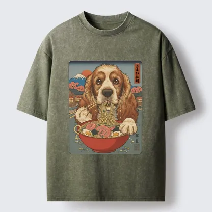 Tokyo-Lion Dog Slurping Ramen In Japanese Style Washed T-Shirt