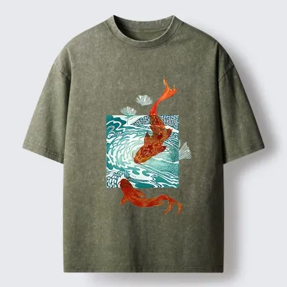 Tokyo-Lion Vibrant Koi In Wave Patterns Washed T-Shirt