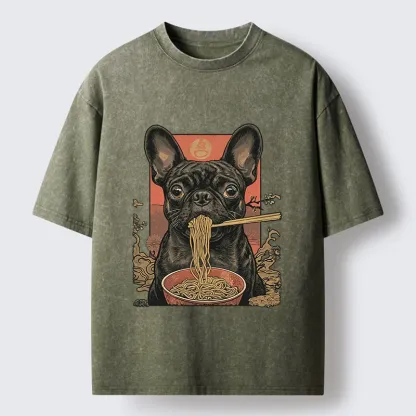 Tokyo-Lion Vintage Style Dog And Ramen Art Washed T-Shirt