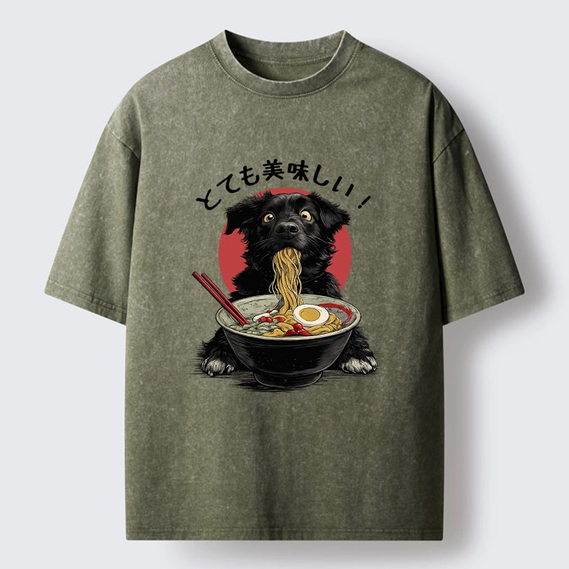 Tokyo-Lion Dog Eating Ramen Joyfully Washed T-Shirt