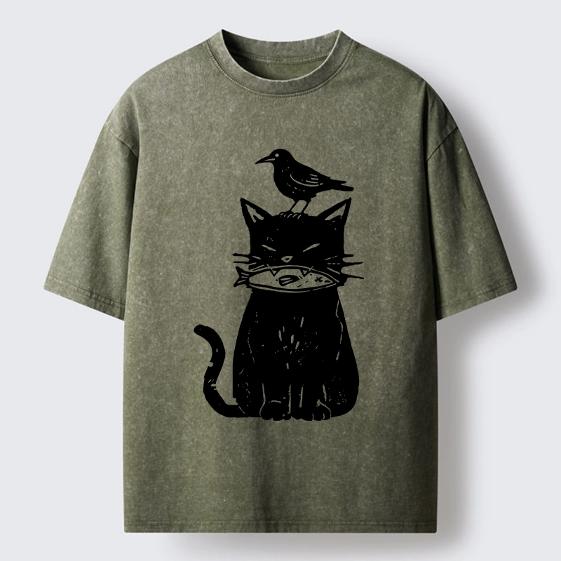 Tokyo-Lion Black Cat With Fish And Bird Washed T-Shirt