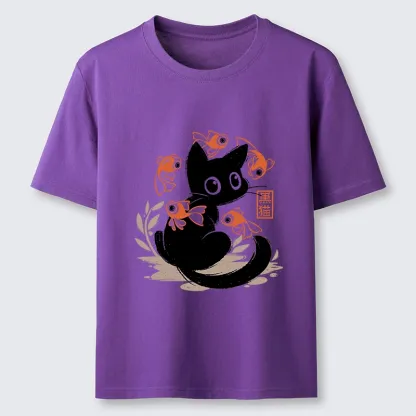 Tokyo-Lion Curious Black Cat Among Fish Classic T-Shirt-Tokyo-Lion