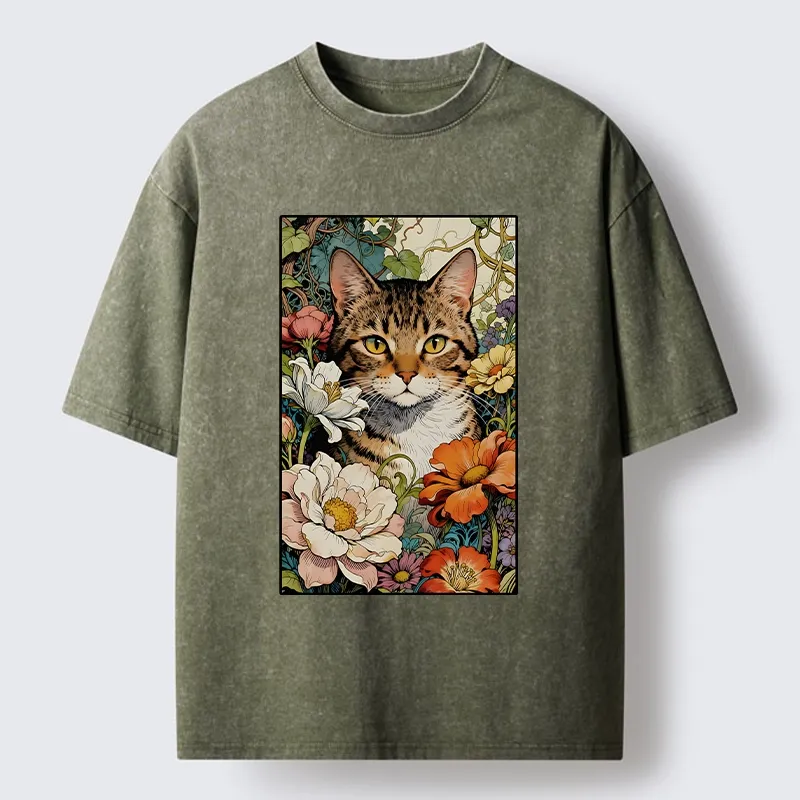Tokyo-Lion A Cat Hidden In Flowers Washed T-Shirt-Tokyo-Lion
