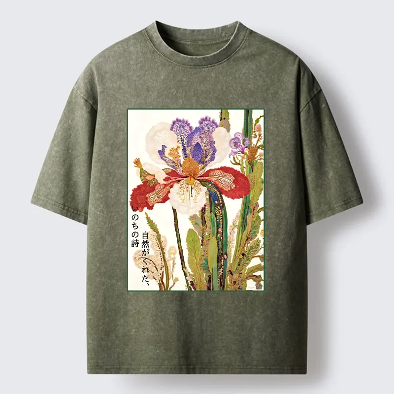 Tokyo-Lion Vintage Japanese Flower Painting Washed T-Shirt-Tokyo-Lion