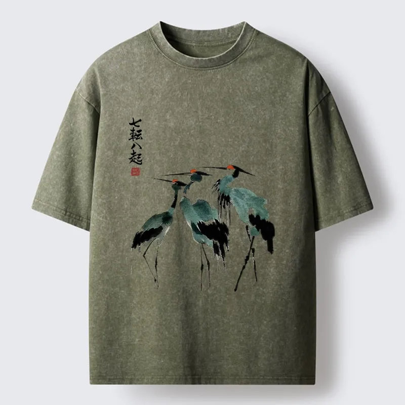 Tokyo-Lion Spirited Up Cranes Ink Painting Washed T-Shirt-Tokyo-Lion