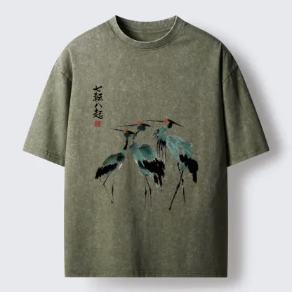 Tokyo-Lion Spirited Up Cranes Ink Painting Washed T-Shirt-Tokyo-Lion