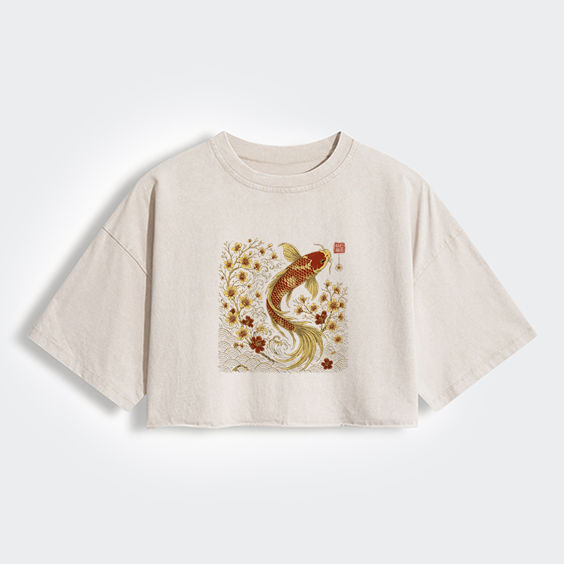 Tokyo-Lion Vintage Sakura And Koi Women's Washed Crop T-Shirt