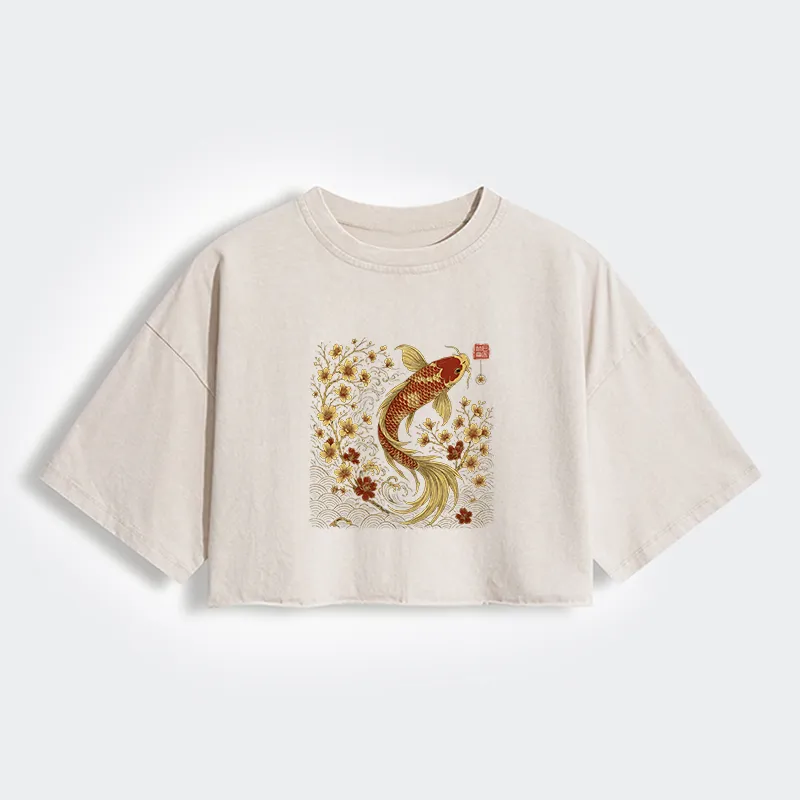 Tokyo-Lion Vintage Sakura And Koi Women's Washed Crop T-Shirt