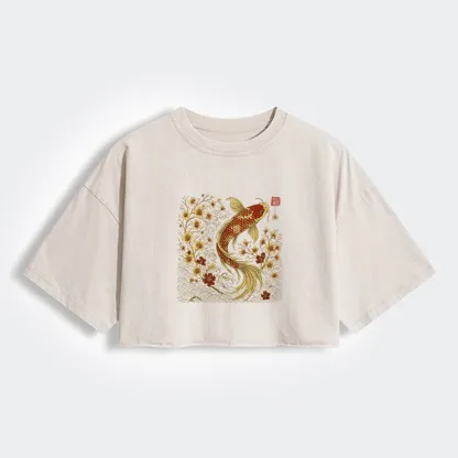 Tokyo-Lion Vintage Sakura And Koi Women's Washed Crop T-Shirt