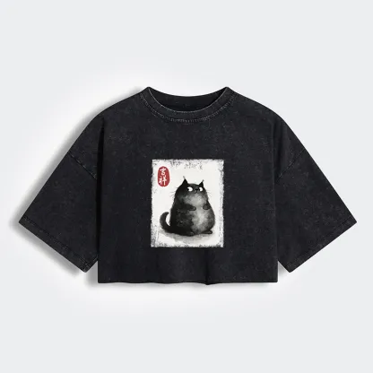 Tokyo-Lion Auspicious Fluffy Black Cat Ink Painting Women's Washed Crop T-Shirt