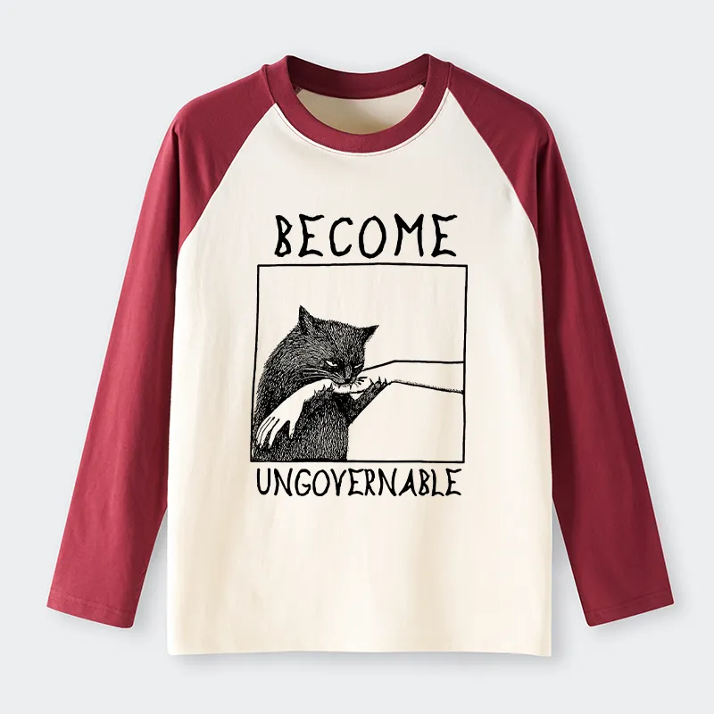 Tokyo-Lion Cat Biting Arm Raglan Long Sleeve T-shirt