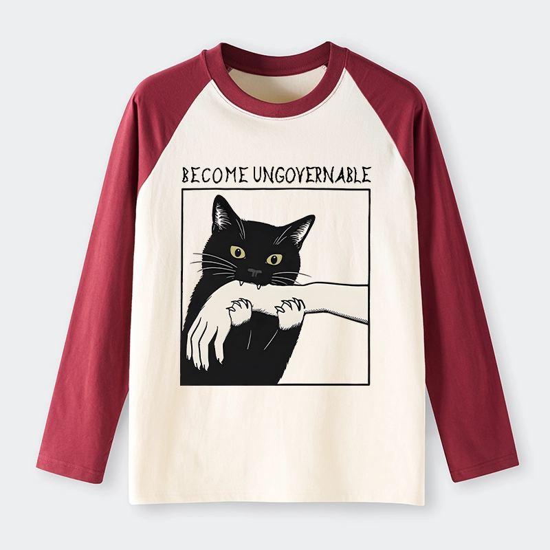 Tokyo-Lion Black Cat Biting Raglan Long Sleeve T-shirt