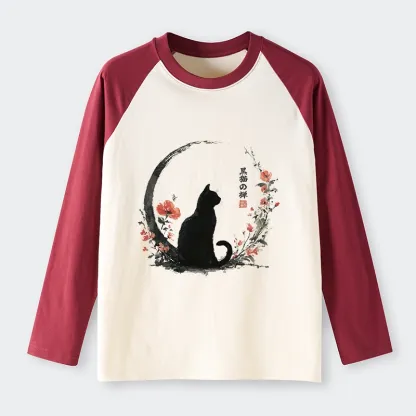 Tokyo-Lion Black Cat And Flowers Raglan Long Sleeve T-shirt