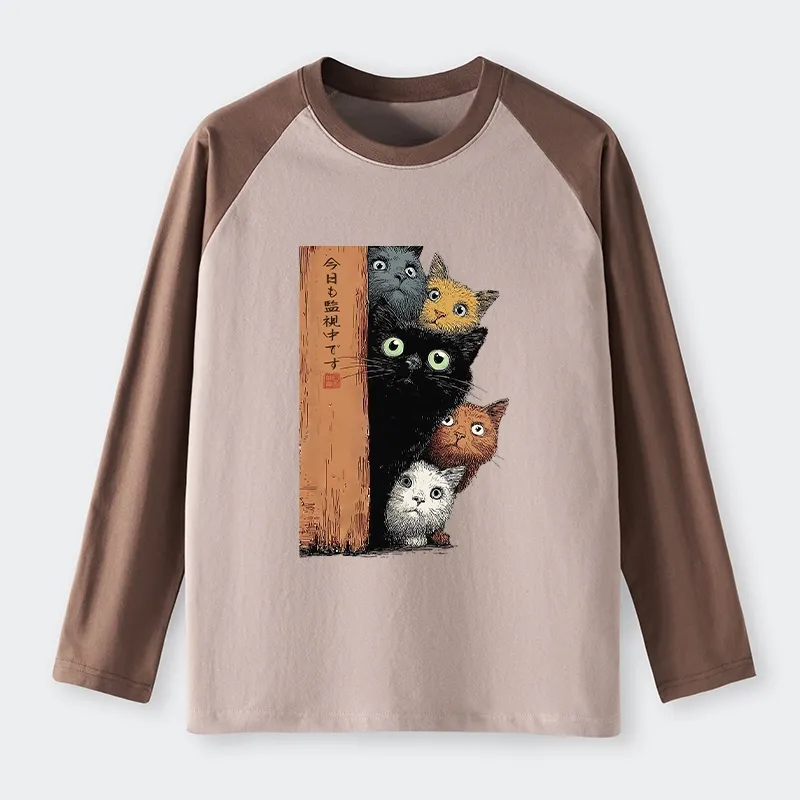 Tokyo-Lion Five Cats Are Watching You Raglan Long Sleeve T-shirt