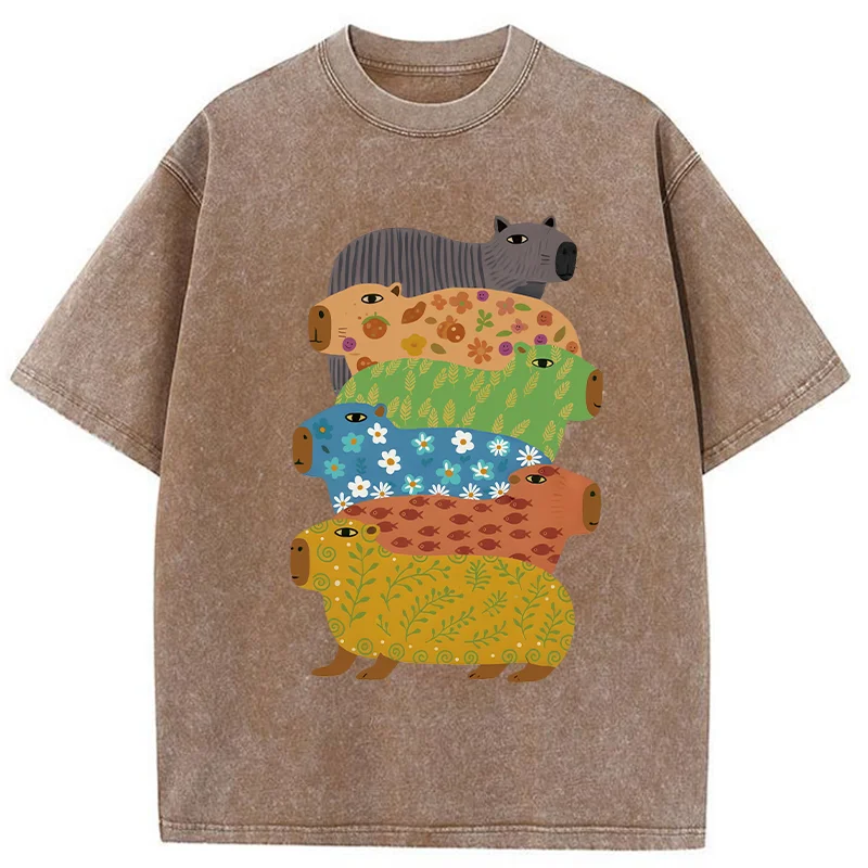 Tokyo-Lion Colorful Capybaras Washed T-Shirt