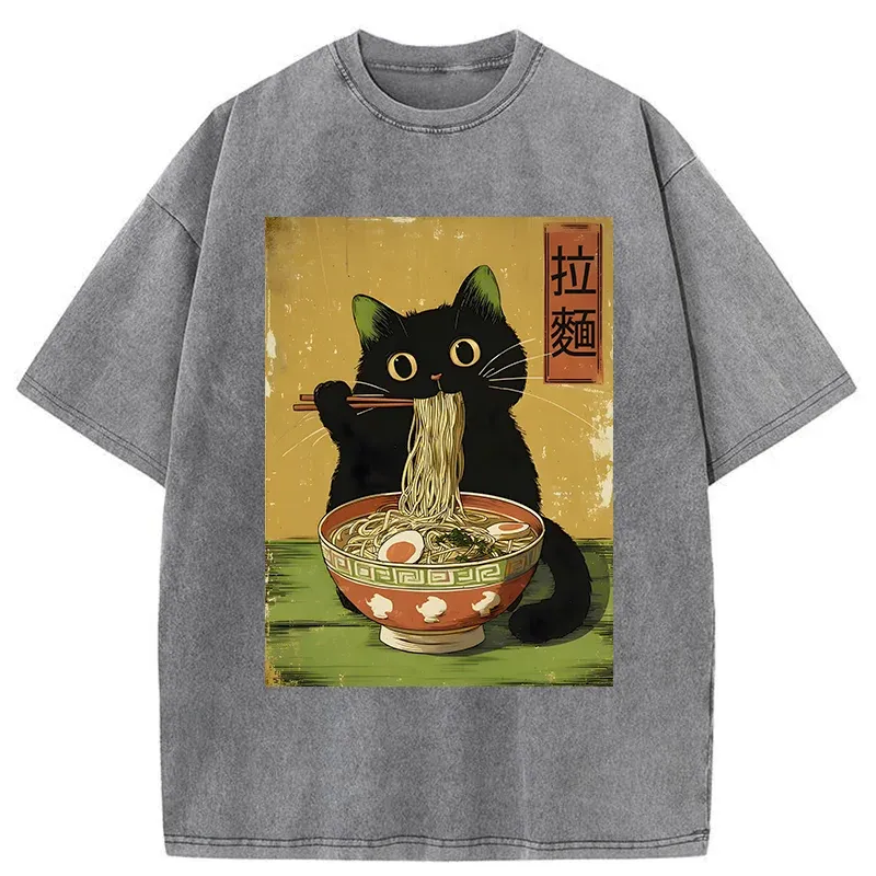 Tokyo-Lion Vintage Japanese Cat Eating Ramen Washed T-Shirt