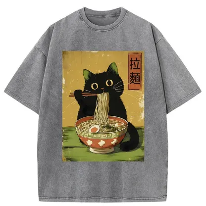 Tokyo-Lion Vintage Japanese Cat Eating Ramen Washed T-Shirt