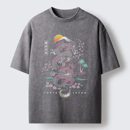 Tokyo-Lion Retro Japanese Dragon Washed T-Shirt