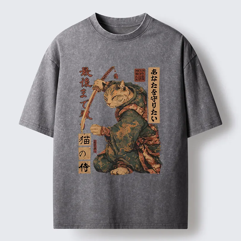 Tokyo-Lion Retro Cat Japanese Samurai Funny Washed T-Shirt