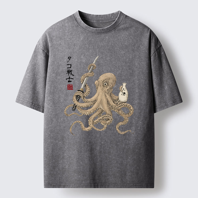 Tokyo-Lion Octopus Samurai And Sake Washed T-Shirt