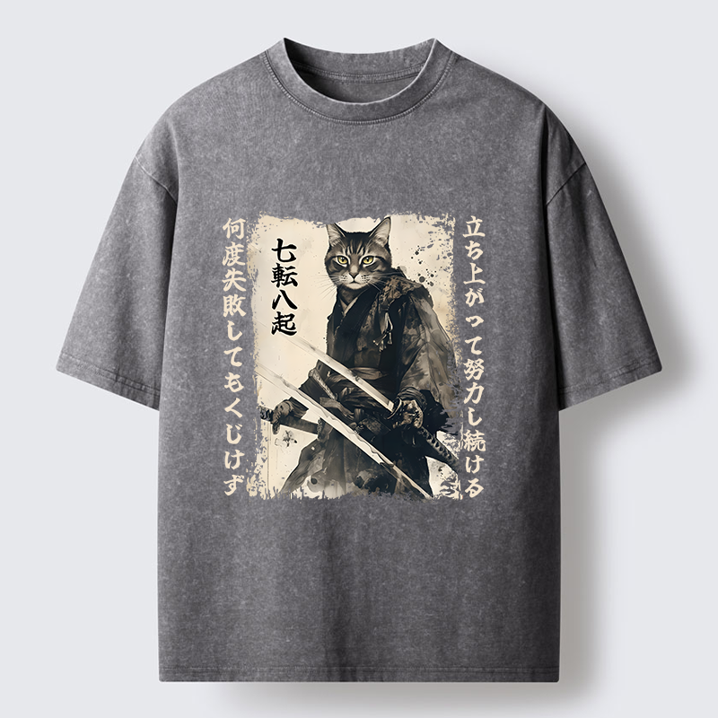 Tokyo-Lion Samurai Japanese Cat Washed T-Shirt
