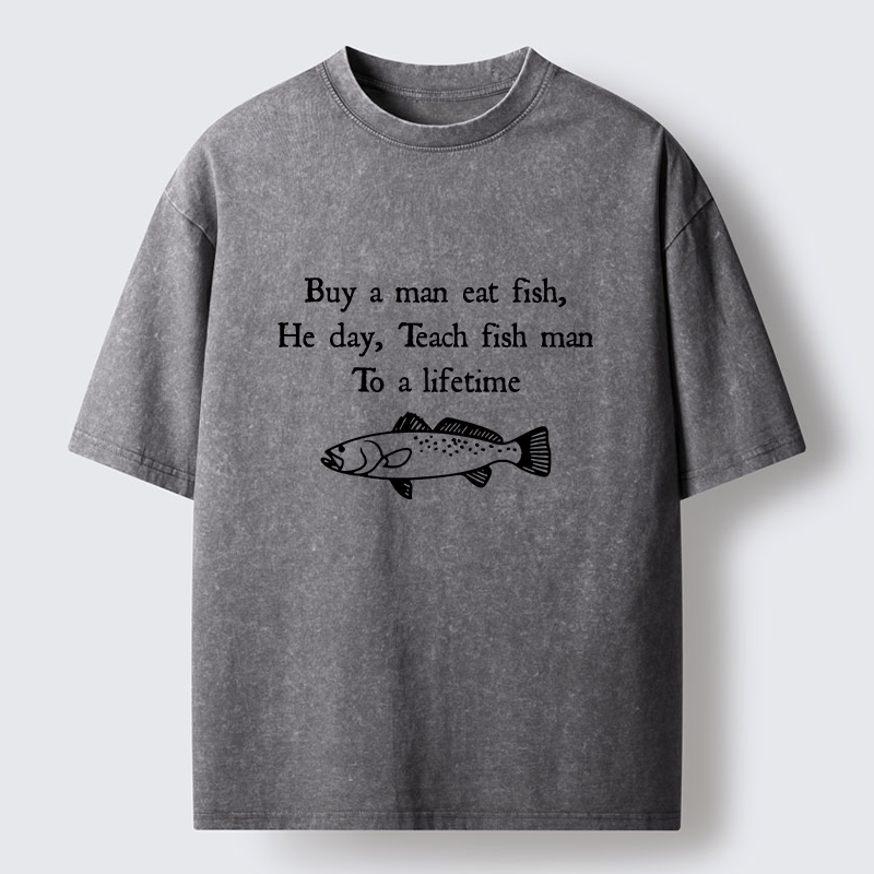Tokyo-Lion Man Eat Fish Meme Washed T-Shirt