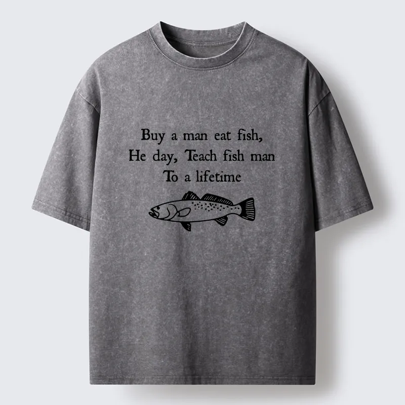 Tokyo-Lion Man Eat Fish Meme Washed T-Shirt
