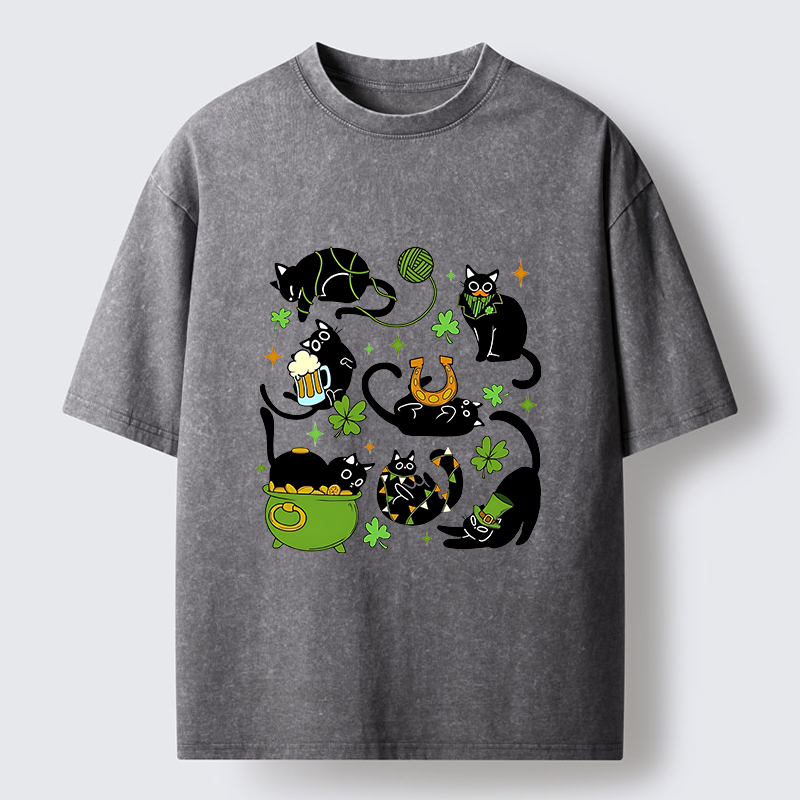 Tokyo-Lion St Patrick's Day Black Cat Funny Washed T-Shirt