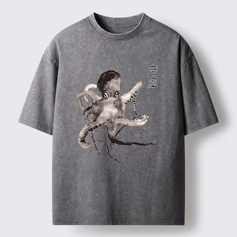 Tokyo-Lion Octopus Ink Painting Washed T-Shirt