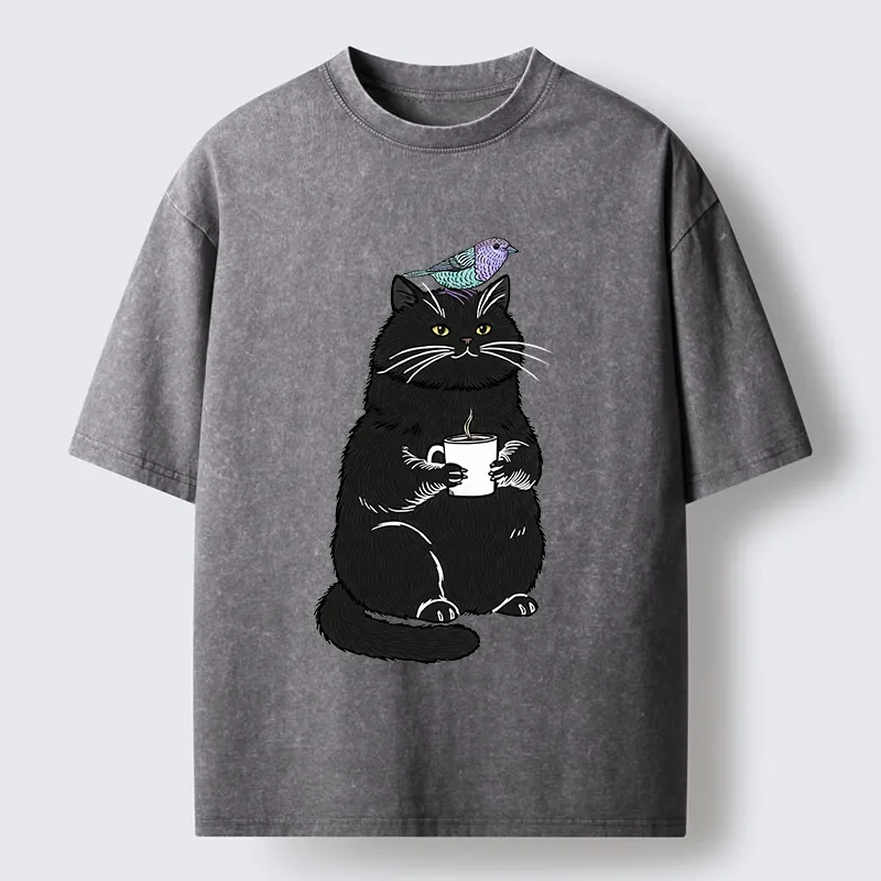 Tokyo-Lion Black Cat And Bird Washed T-Shirt