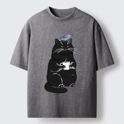 Tokyo-Lion Black Cat And Bird Washed T-Shirt