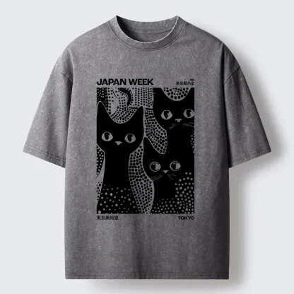 Tokyo-Lion Black Cat Polka Dot Art Washed T-Shirt