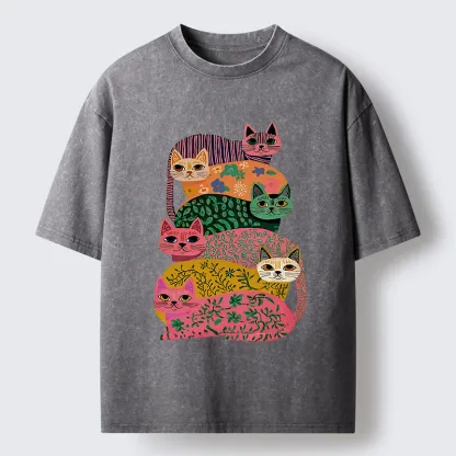 Tokyo-Lion Colorful Cats Washed T-Shirt