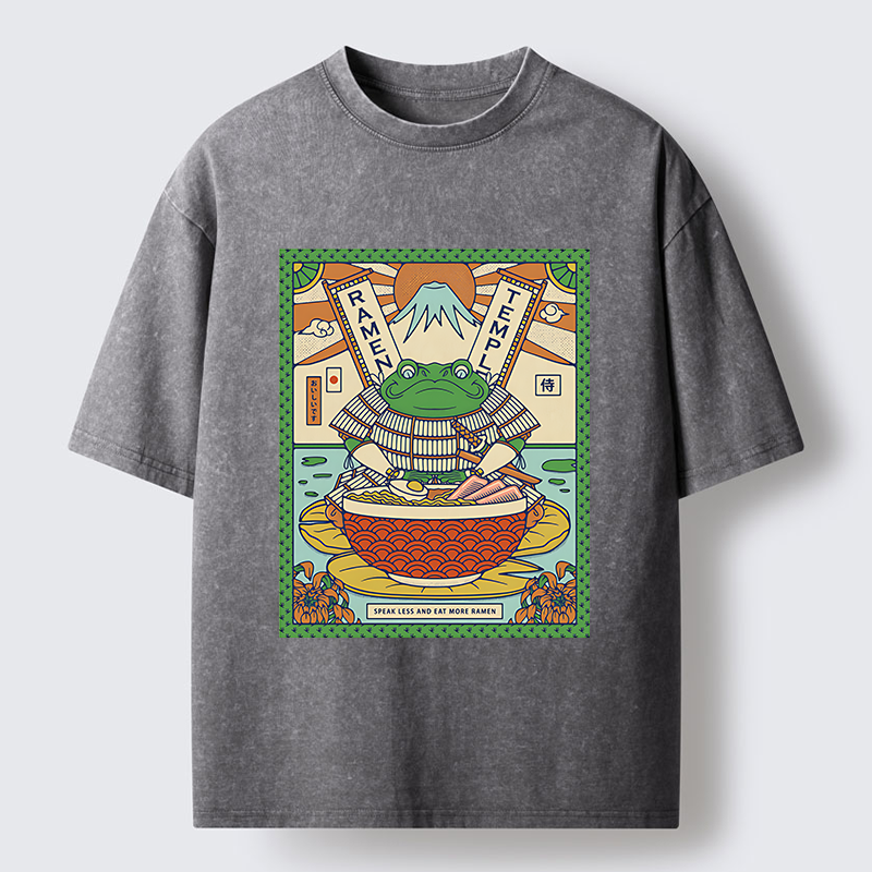 Tokyo-Lion Frog Samurai Eating Ramen Washed T-Shirt