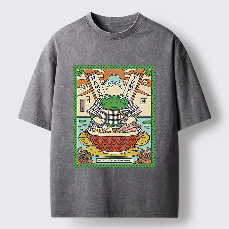 Tokyo-Lion Frog Samurai Eating Ramen Washed T-Shirt