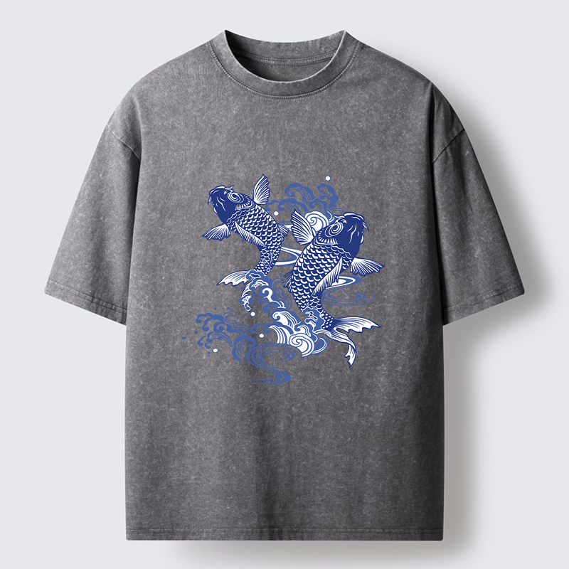 Tokyo-Lion Traditional Koi Pattern Washed T-Shirt