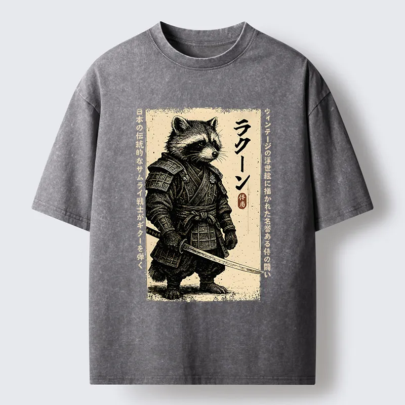 Tokyo-Lion Raccoon Japanese Samurai Washed T-Shirt